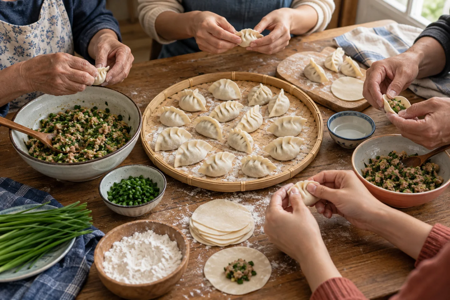 Varias manos preparando jiaozi sobre una mesa familiar