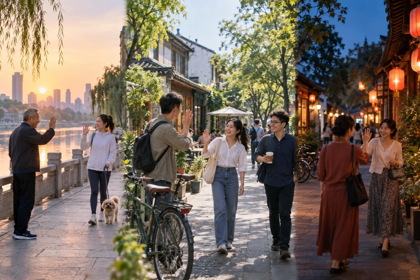 Una misma ciudad china durante la mañana, la tarde y la noche